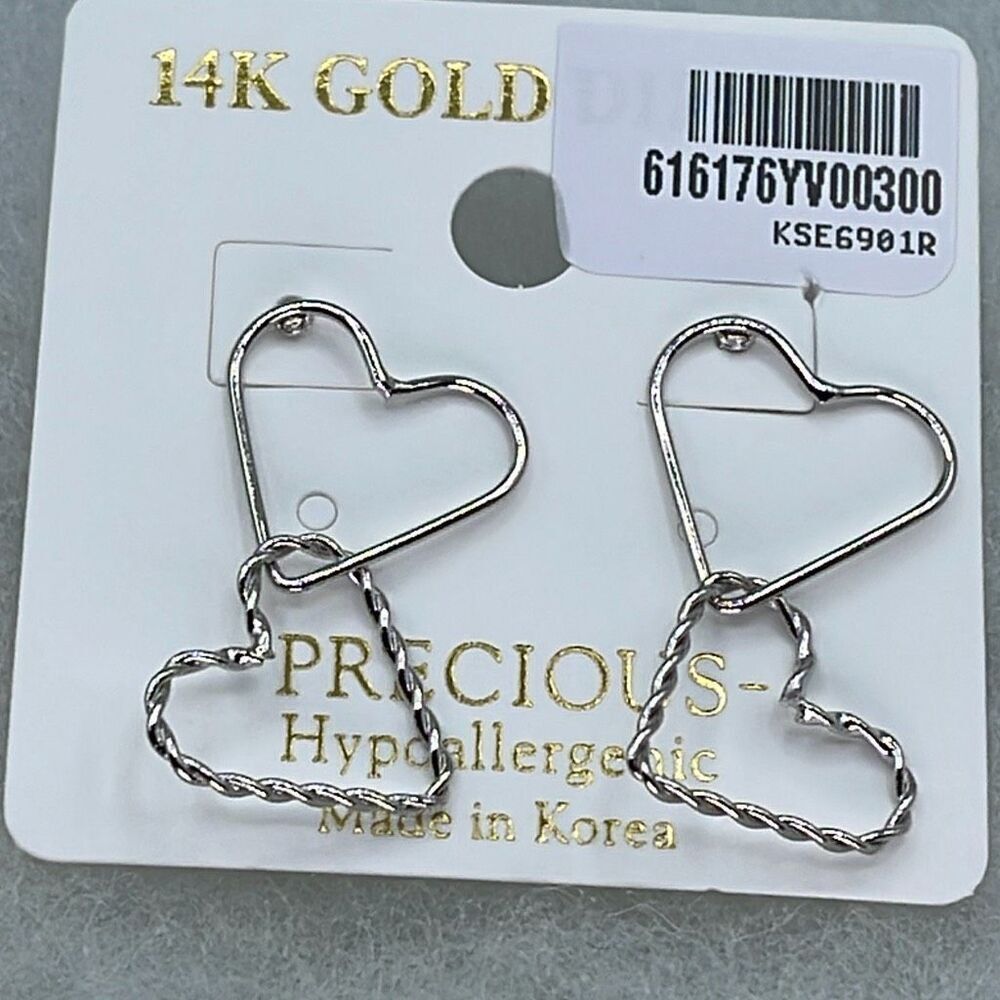NWT 14K white gold dipped” Precious” brand double heart earrings